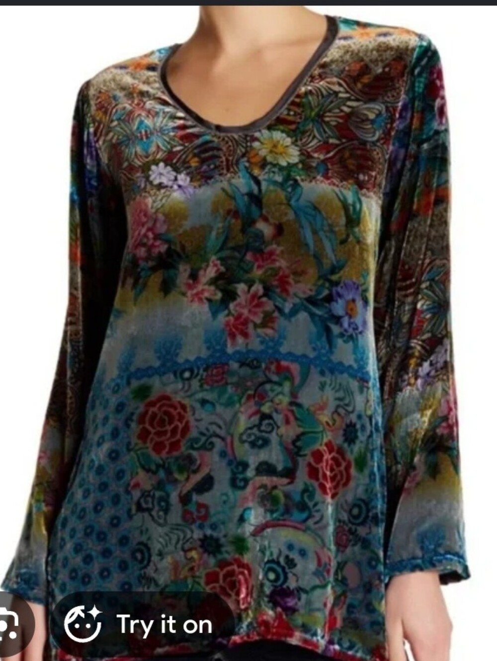 Johnny Was Velvet Floral Tunic Top - Blue, Red, Green